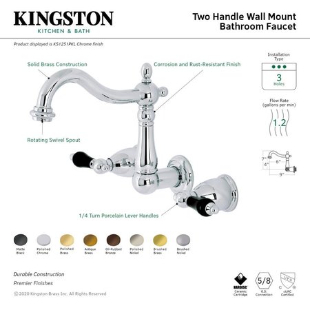Kingston Brass KS1250PKL Duchess Two-Handle Wall Mount Bathroom Faucet, Matte Black KS1250PKL